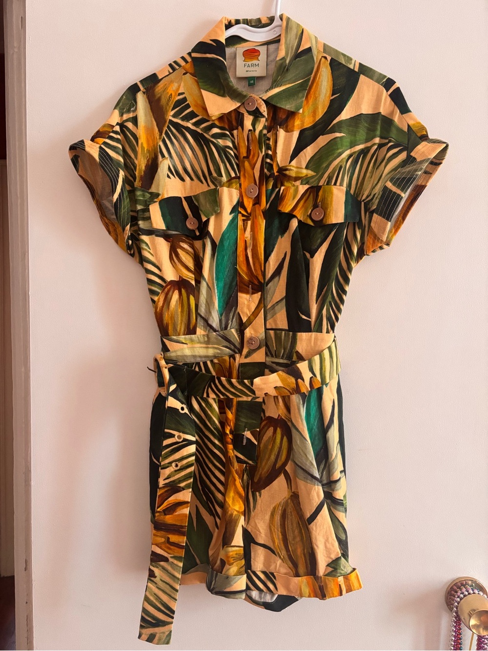 Farm Rio Tropical Leaf Belted Shirt Dress - Green & Yellow - Size XS